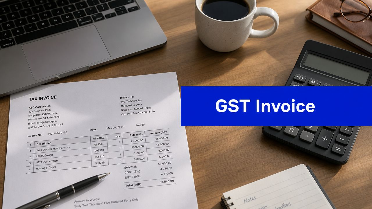 Desk workspace with a GST invoice document, calculator, laptop, coffee cup, and a blue GST Invoice label.
