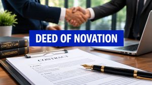 Two business people shaking hands over a desk with a contract, a fountain pen, and books labeled 'Contract Law' and 'Agreements'; text overlay reads 'DEED OF NOVATION'
