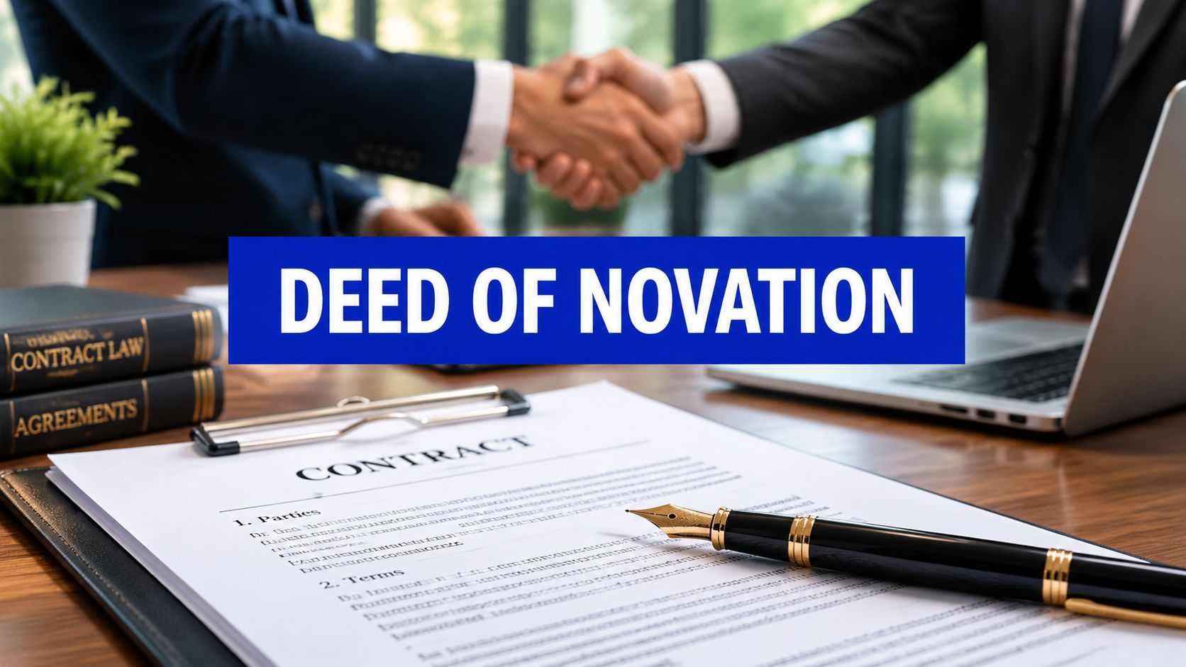 Two business people shaking hands over a desk with a contract, a fountain pen, and books labeled 'Contract Law' and 'Agreements'; text overlay reads 'DEED OF NOVATION'