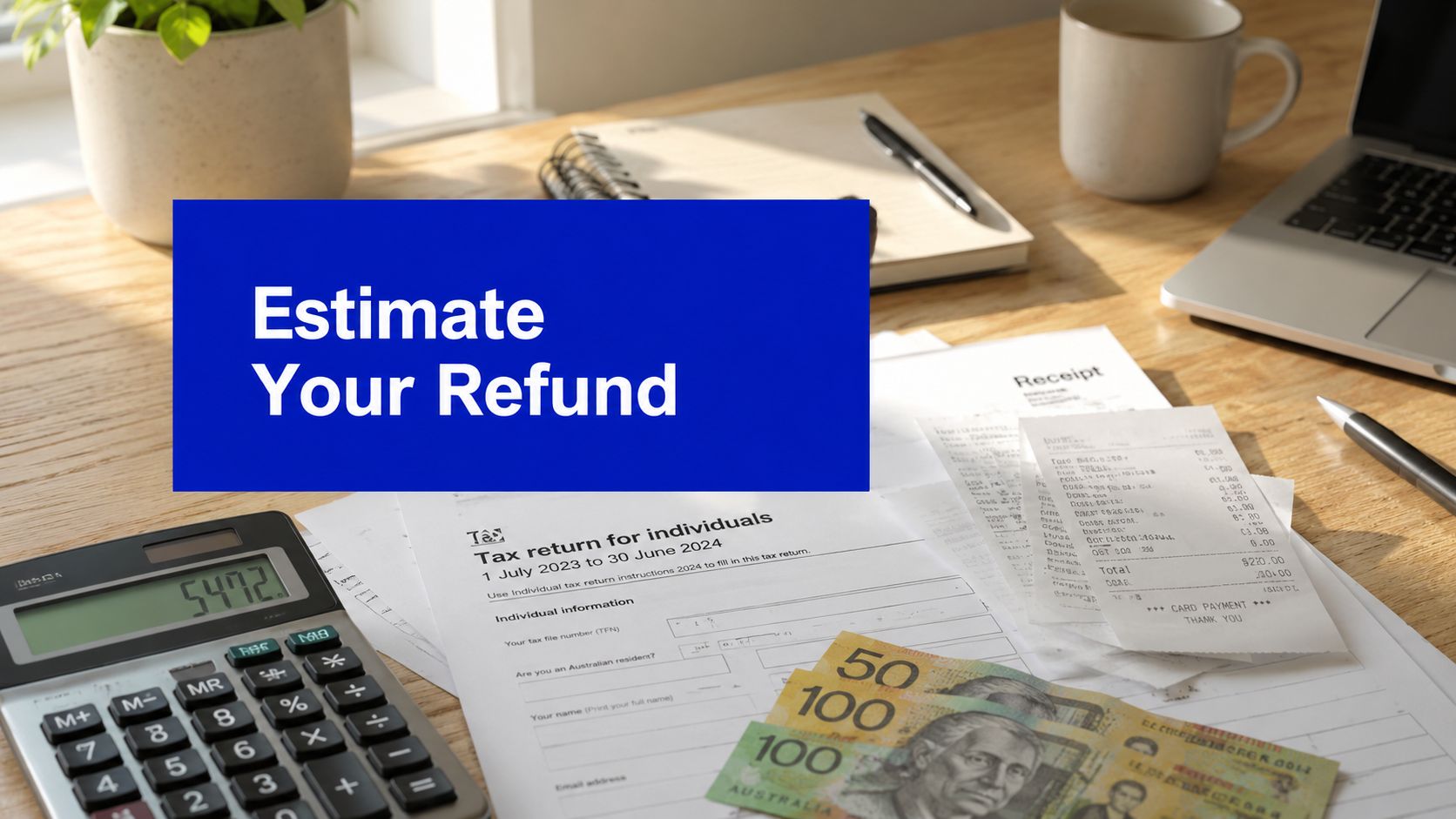 Australian tax return documents, receipts, calculator, laptop and cash on a desk with the text Estimate Your Refund