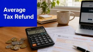 Calculator, coins and Australian tax return paperwork beside a laptop with “Average Tax Refund” text.