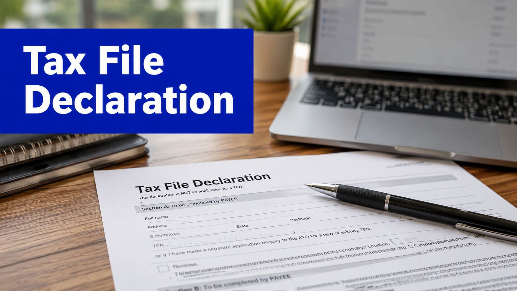 Tax file declaration form on a desk with a laptop and pen