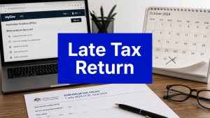 Laptop displaying the ATO myGov tax return portal beside an October calendar marked after the tax return deadline and an Australian individual tax return form, illustrating a late tax return in Australia.