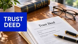 Trust deed document on a wooden desk with glasses, legal books and a fountain pen.