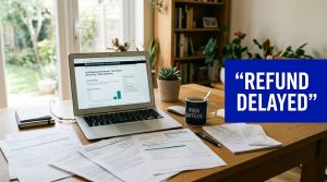 Laptop and tax documents on a desk beside a blue sign reading “Refund Delayed”.