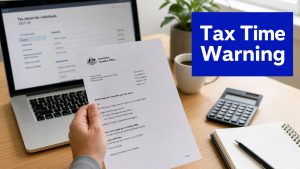 Person holding an Australian Taxation Office letter beside a laptop showing a tax return, with the words “Tax Time Warning.”