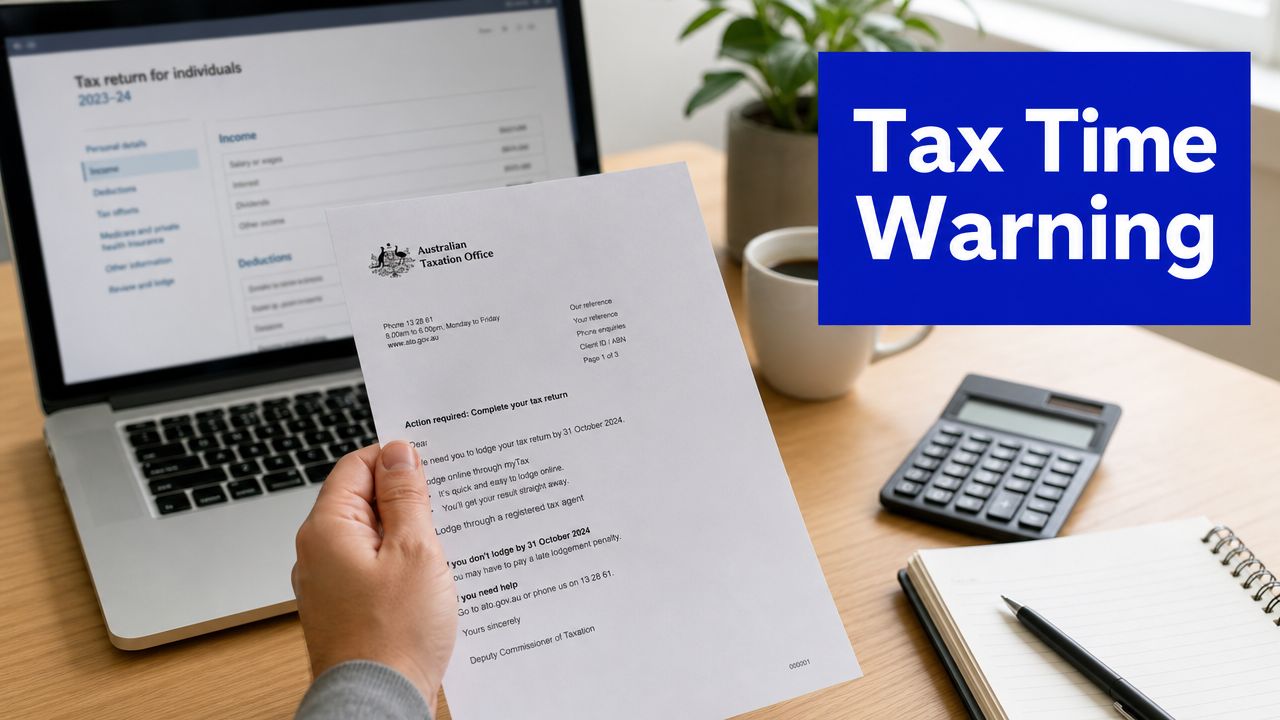 Person holding an Australian Taxation Office letter beside a laptop showing a tax return, with the words “Tax Time Warning.”