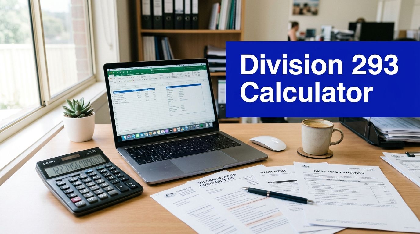 Division 293 tax calculator displayed on a laptop with superannuation documents, calculator and financial paperwork on an office desk.