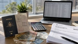 Australian passport, tax return, calculator, and foreign currency representing Australian expat tax and overseas income reporting.