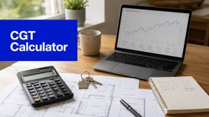 Laptop showing a capital gains chart beside a calculator, property plans and keys for a CGT calculator article