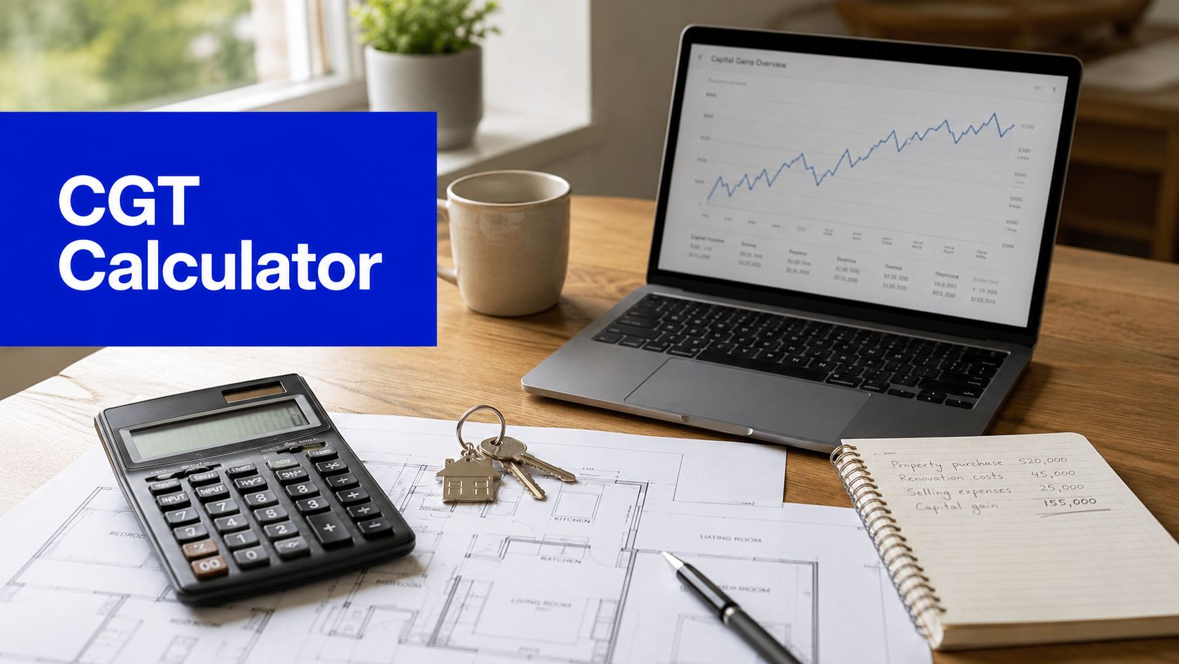 Laptop showing a capital gains chart beside a calculator, property plans and keys for a CGT calculator article