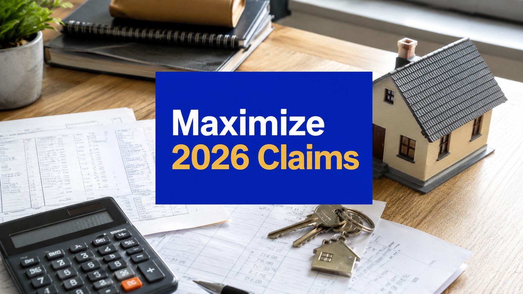 Rental property tax documents, calculator, house model and keys with text reading “Maximize 2026 Claims”