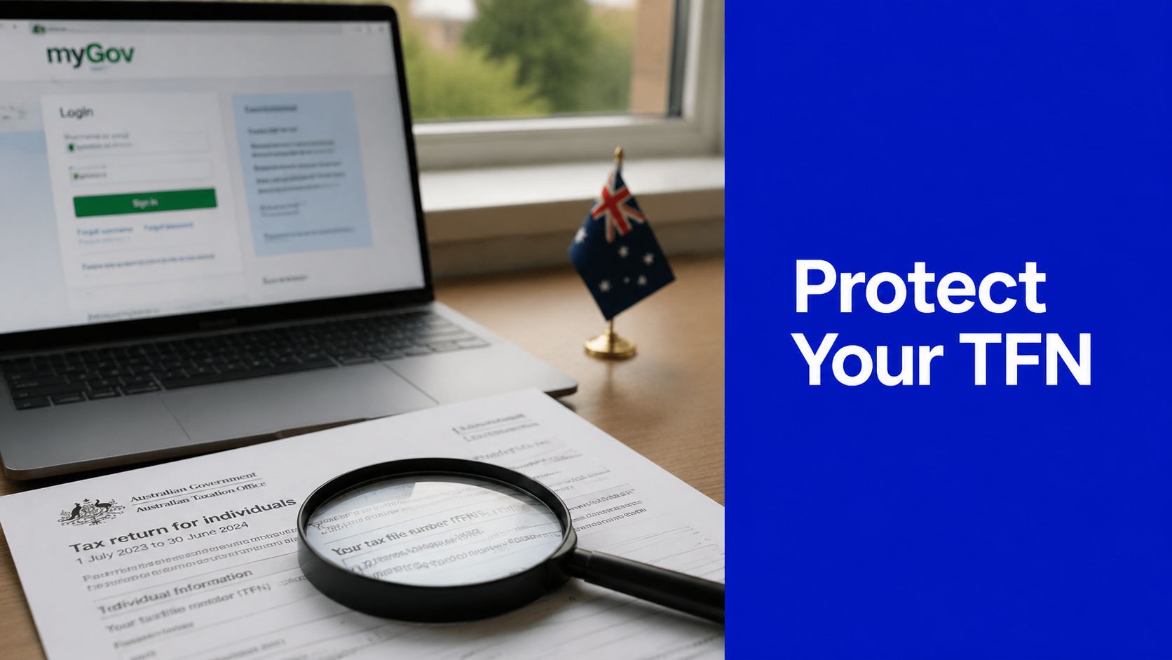 Laptop showing the myGov login beside an Australian tax return and magnifying glass, with the words “Protect Your TFN”.