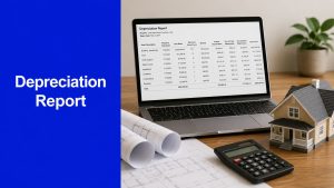 Depreciation report for rental property displayed on a laptop with house model, calculator and building plans.