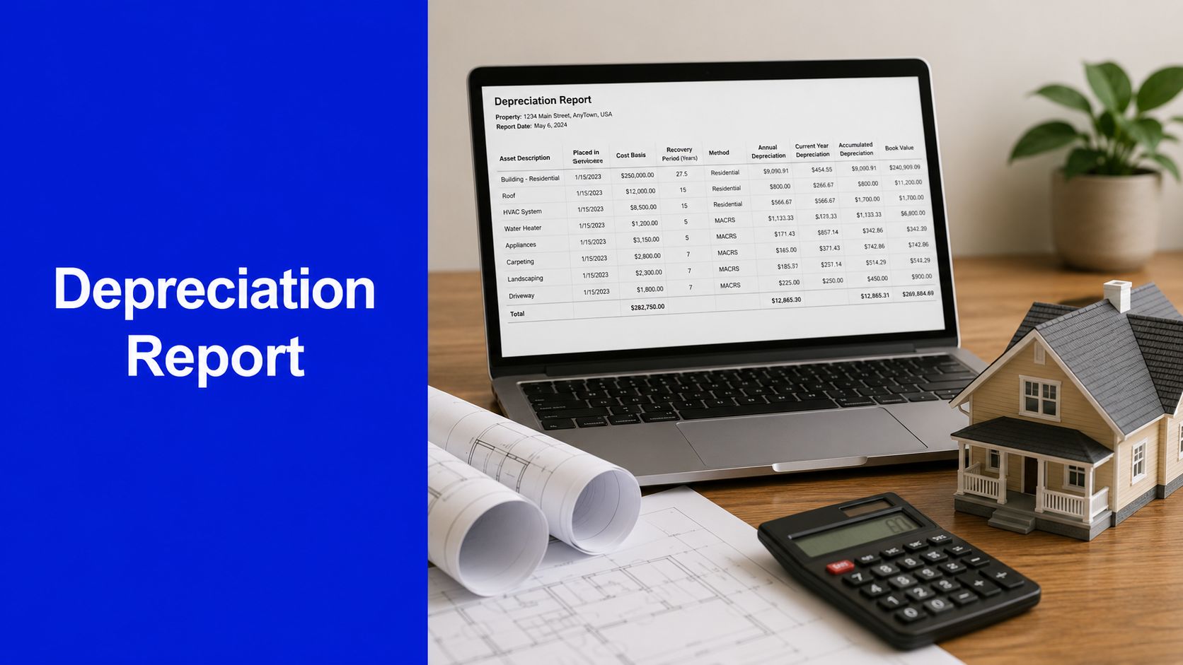 Depreciation report for rental property displayed on a laptop with house model, calculator and building plans.