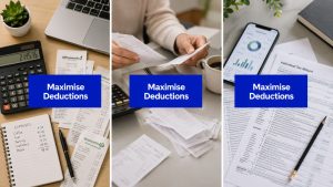 Calculator, receipts and tax return documents showing work-related tax deductions for Australian employees.