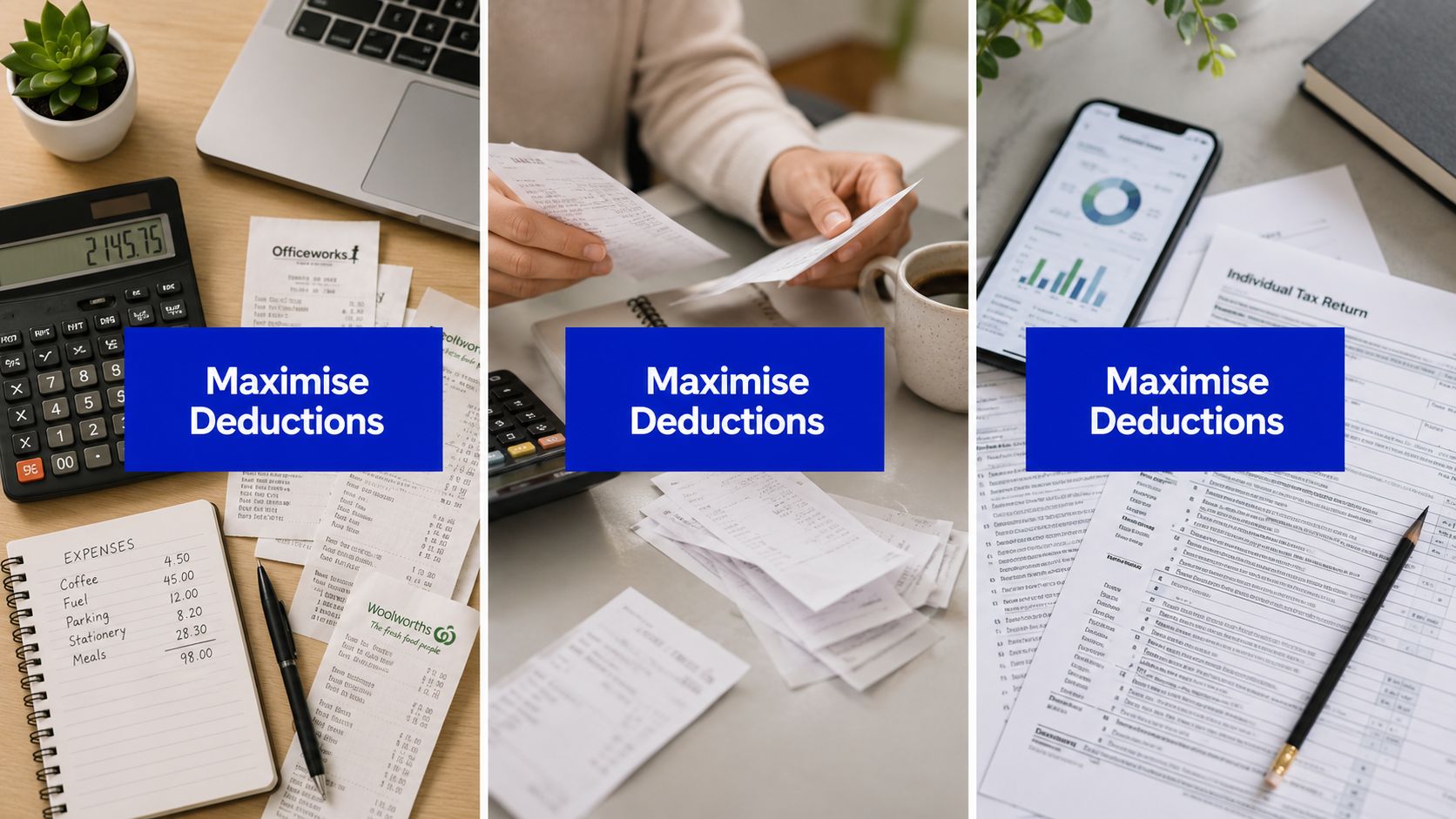 Calculator, receipts and tax return documents showing work-related tax deductions for Australian employees.