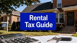 Rental property tax guide with house, calculator, documents and keys