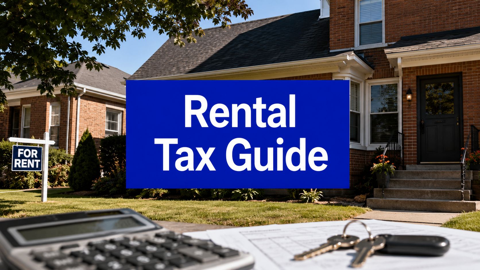 Rental property tax guide with house, calculator, documents and keys