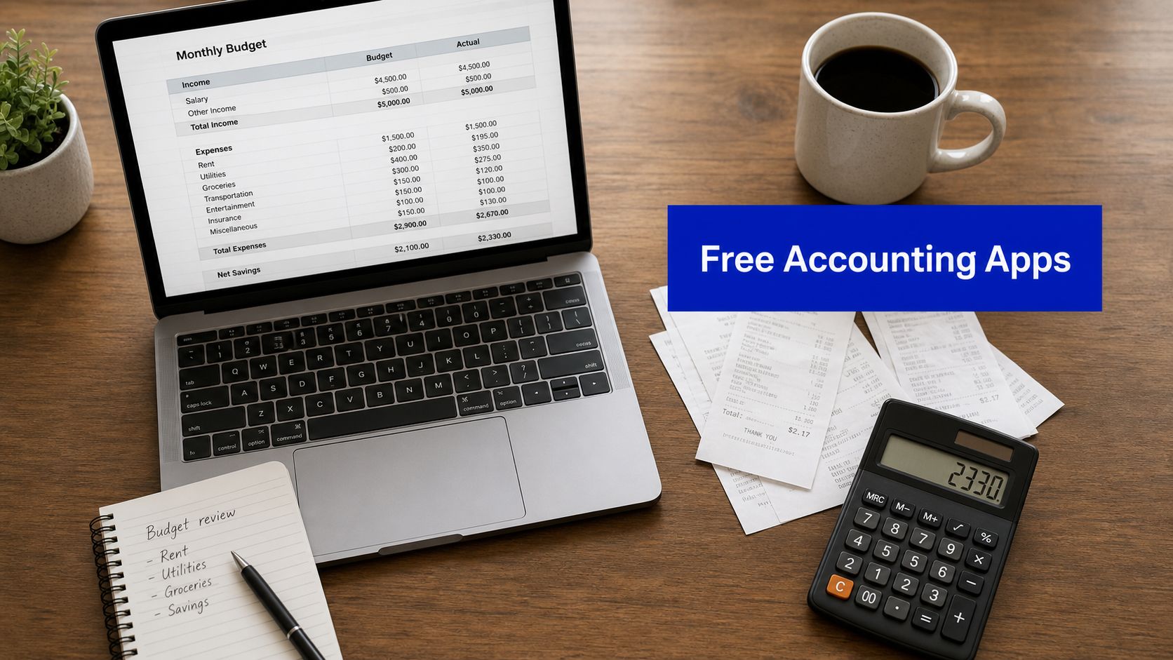Laptop displaying a monthly budget with calculator and receipts illustrating free accounting apps for Australian small businesses.