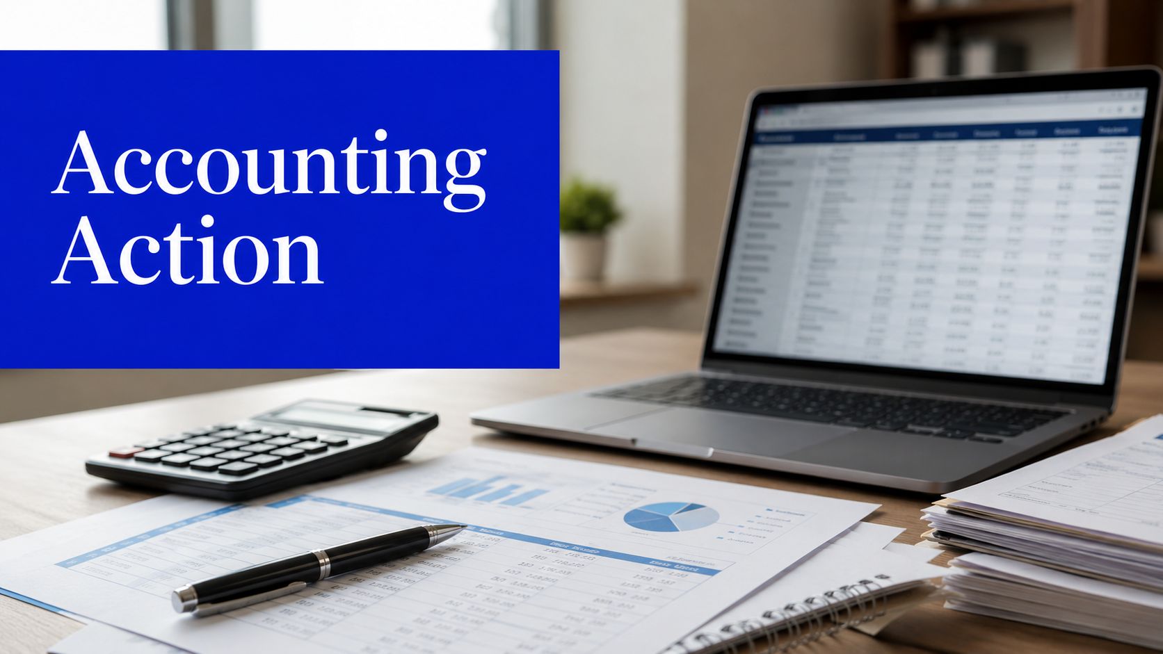 Accounting Action in Progress shown beside a laptop, calculator and financial reports on an accountant’s desk.