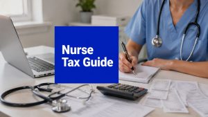 Nurse writing tax notes beside a laptop, calculator, receipts and stethoscope with text reading Nurse Tax Guide.
