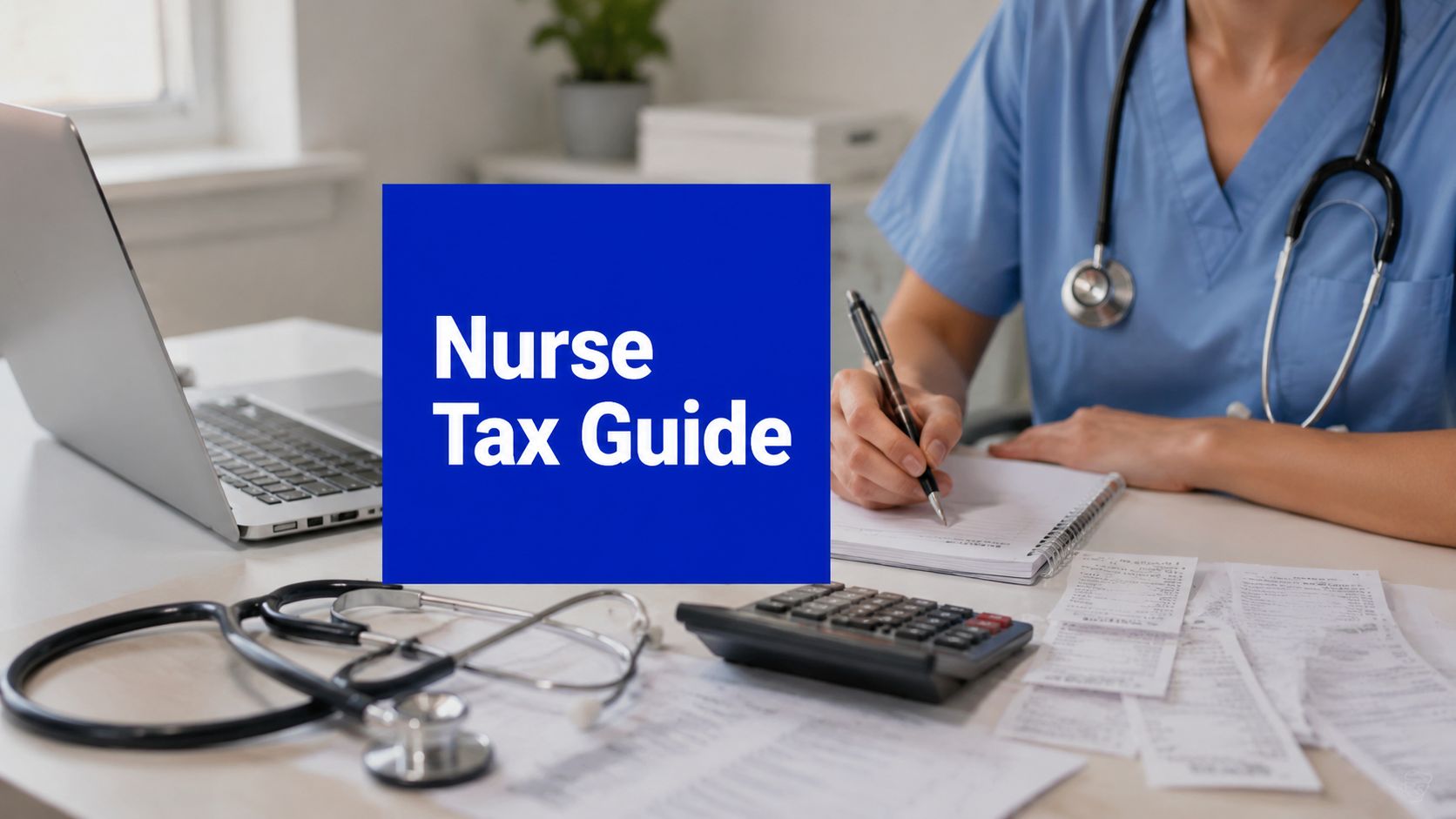 Nurse writing tax notes beside a laptop, calculator, receipts and stethoscope with text reading Nurse Tax Guide.