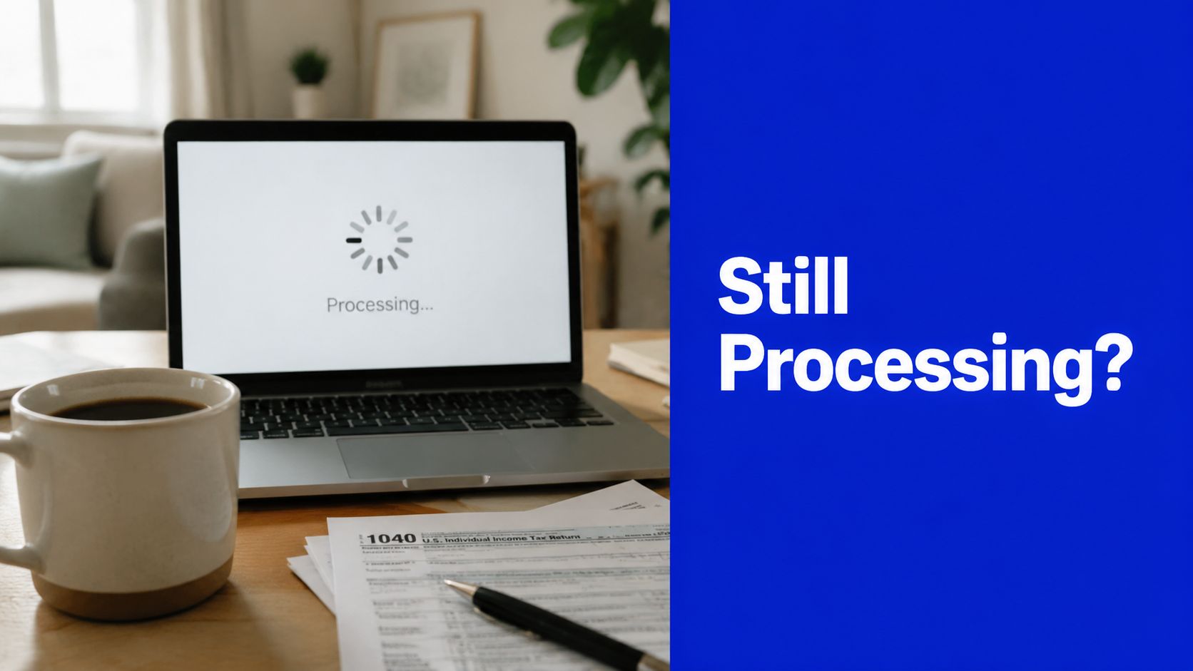 Laptop displaying a tax return processing screen with paperwork and a coffee mug on a desk, representing a myGov tax return still processing.