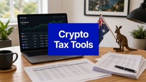 Laptop displaying a cryptocurrency portfolio beside Australian tax reports, with a sign reading “Crypto Tax Tools,” an Australian flag and a kangaroo figure.