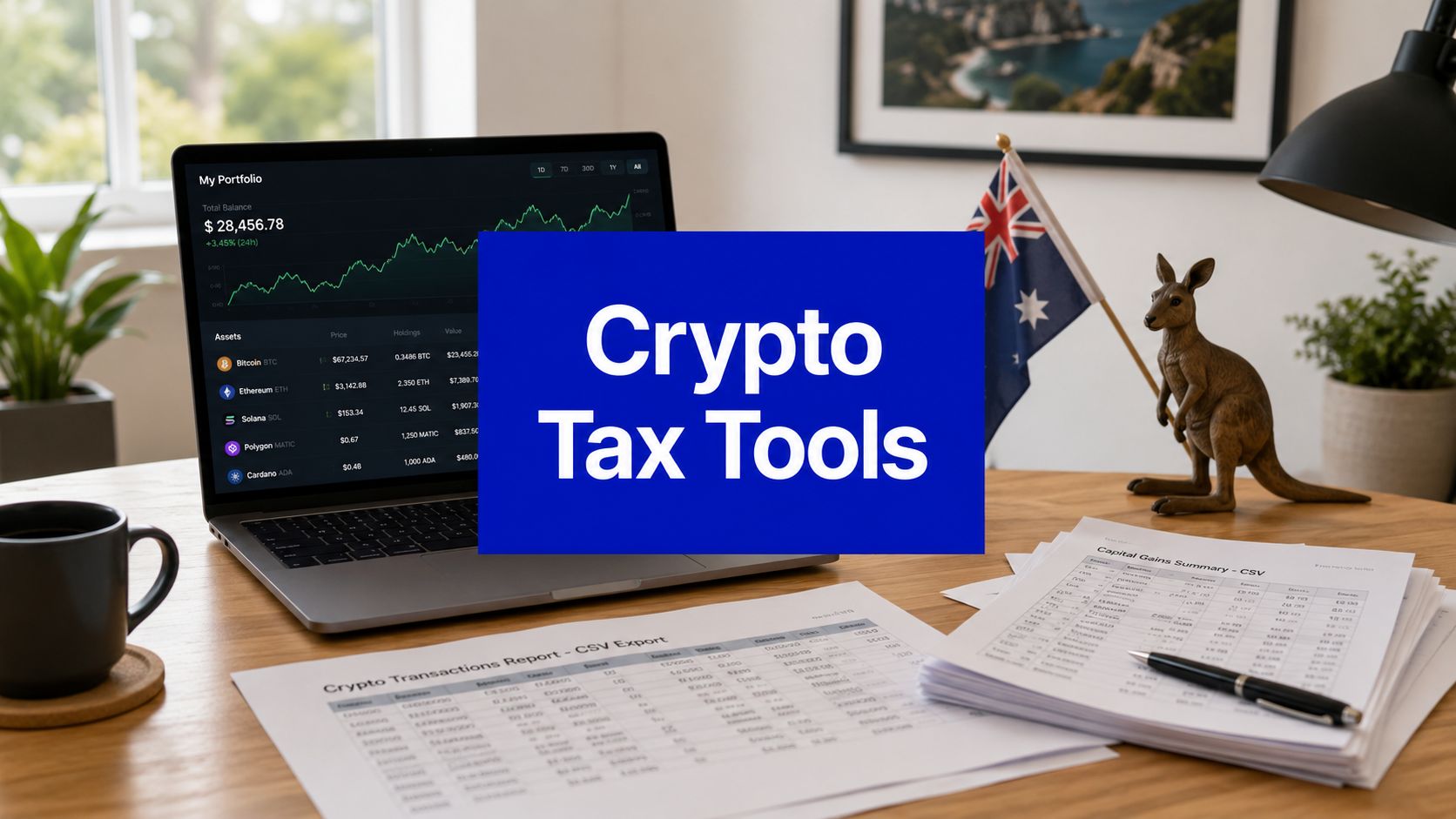 Laptop displaying a cryptocurrency portfolio beside Australian tax reports, with a sign reading “Crypto Tax Tools,” an Australian flag and a kangaroo figure.