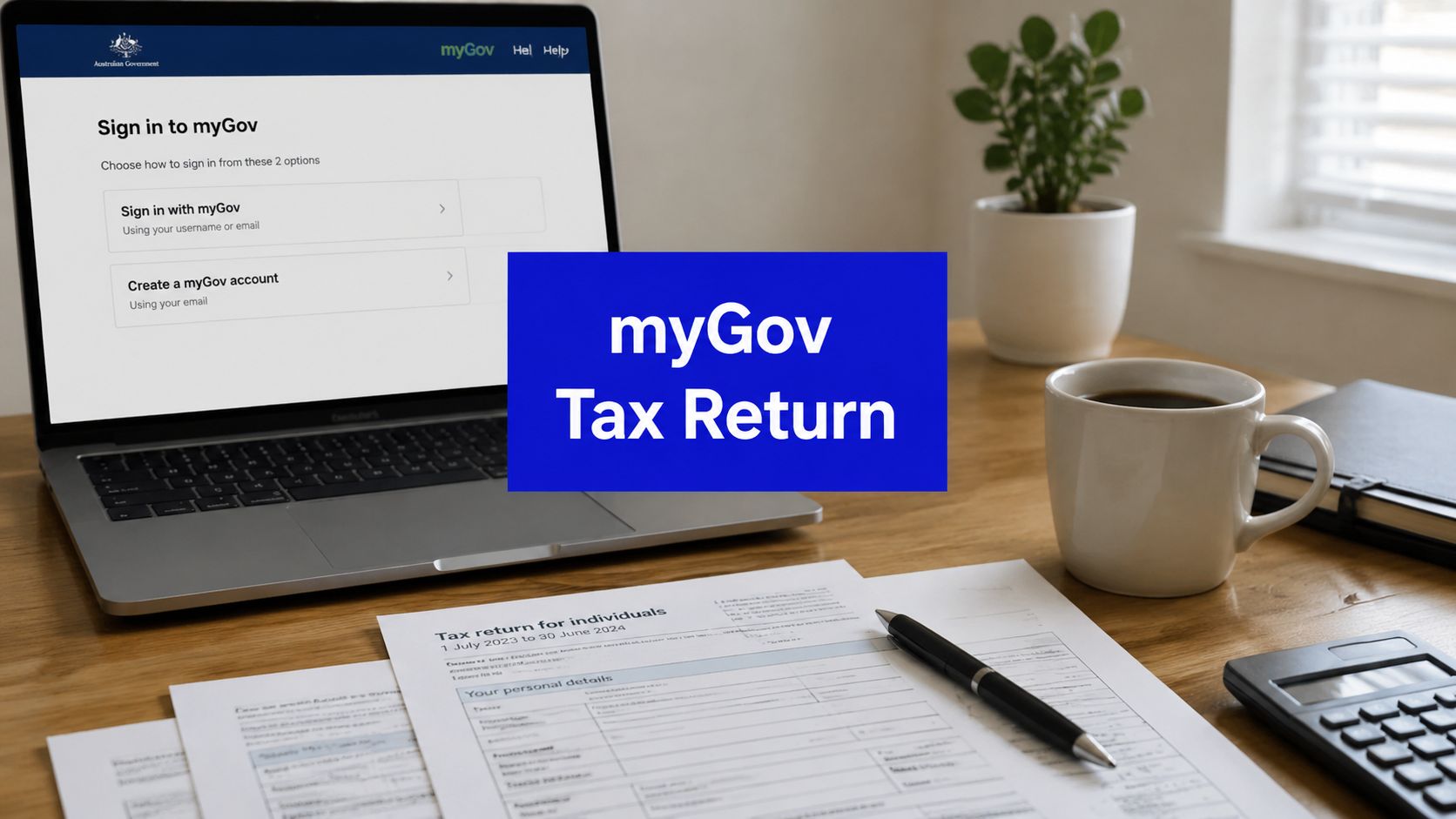 Laptop showing the myGov sign-in page beside Australian tax return documents, with text reading myGov Tax Return.