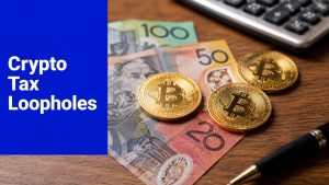 Bitcoin coins on Australian dollar notes illustrating crypto tax in Australia