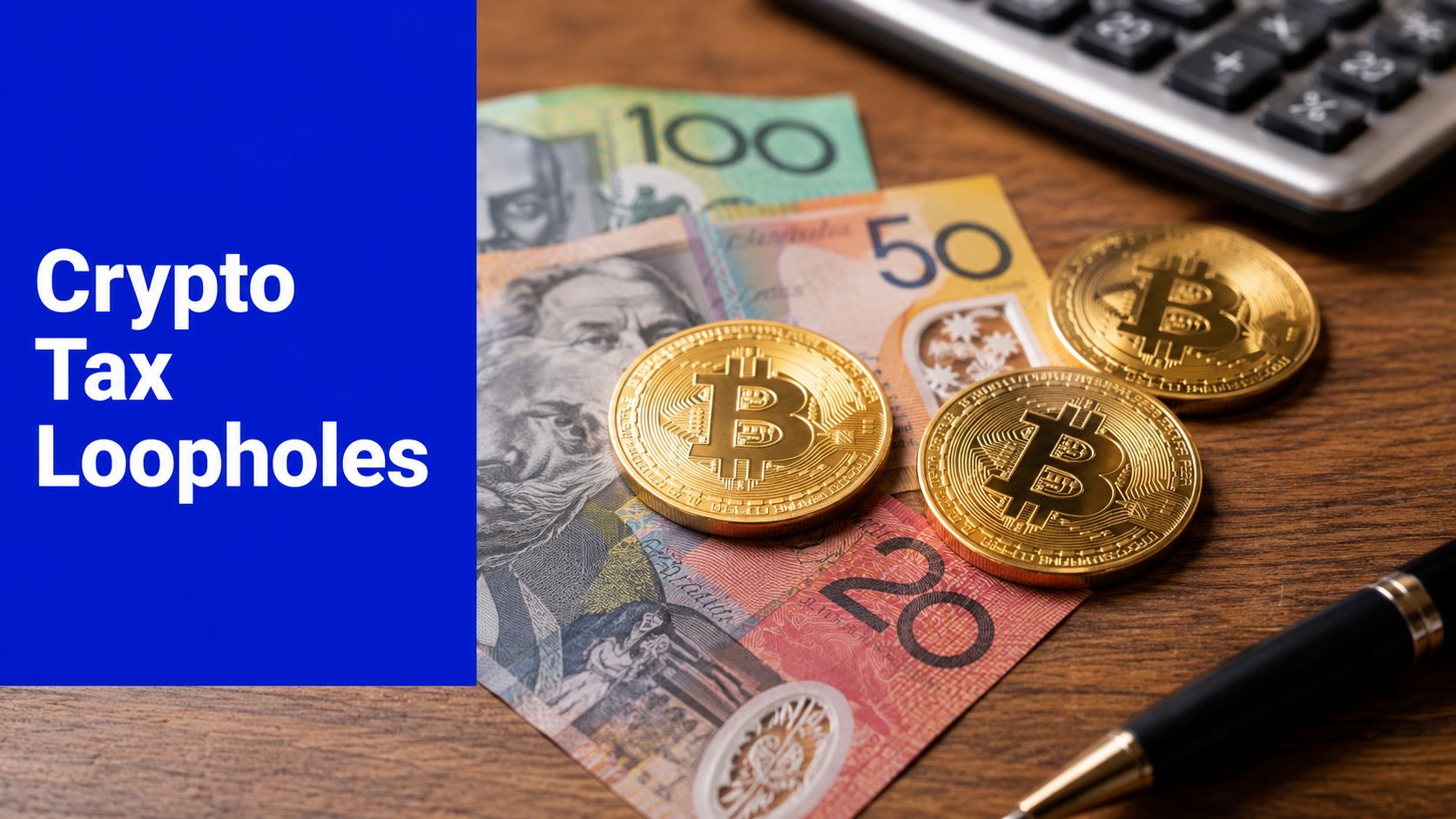 Bitcoin coins on Australian dollar notes illustrating crypto tax in Australia