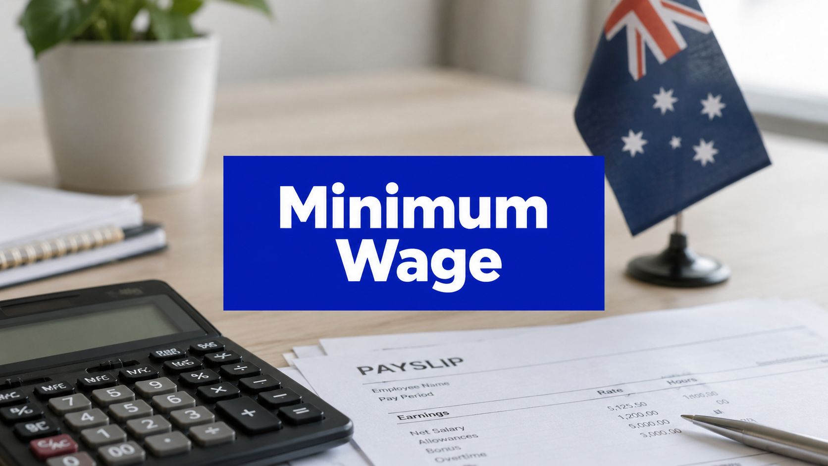 Australian minimum wage 2026 with payslip, calculator and Australian flag