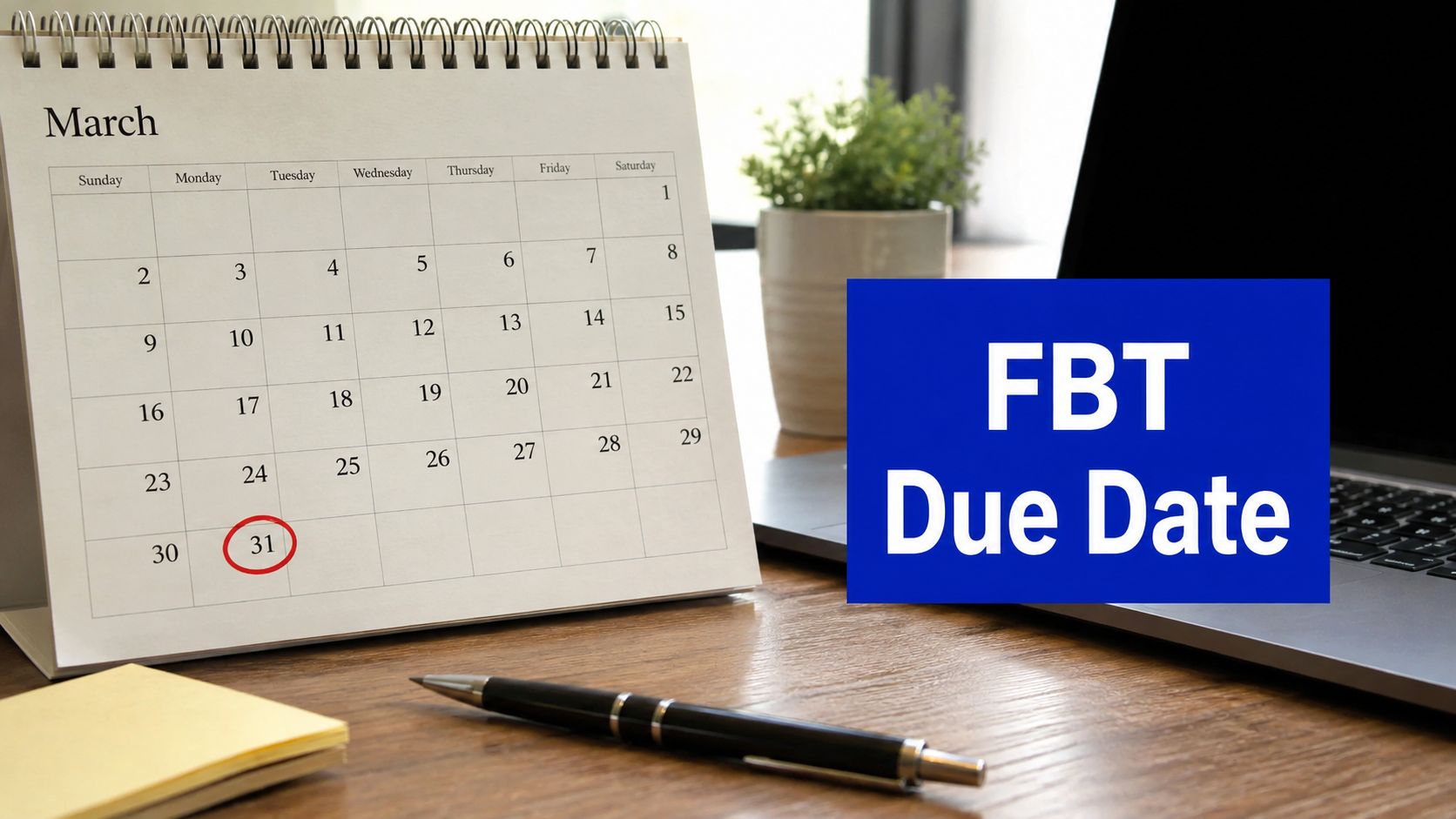 FBT due date calendar showing 31 March year-end deadline