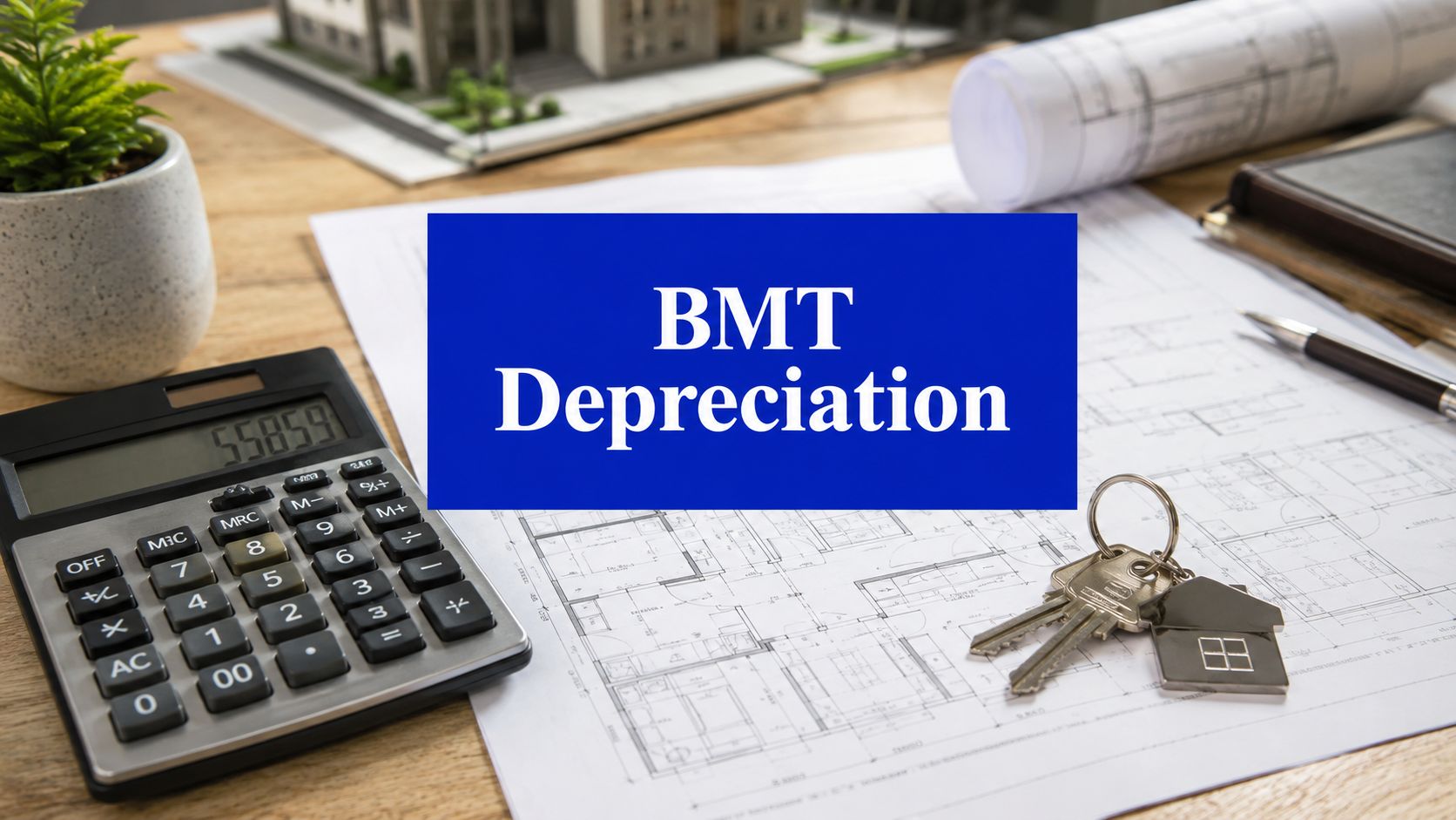 Calculator, house keys, building plans and a property model illustrating BMT tax depreciation for Australian investment properties.