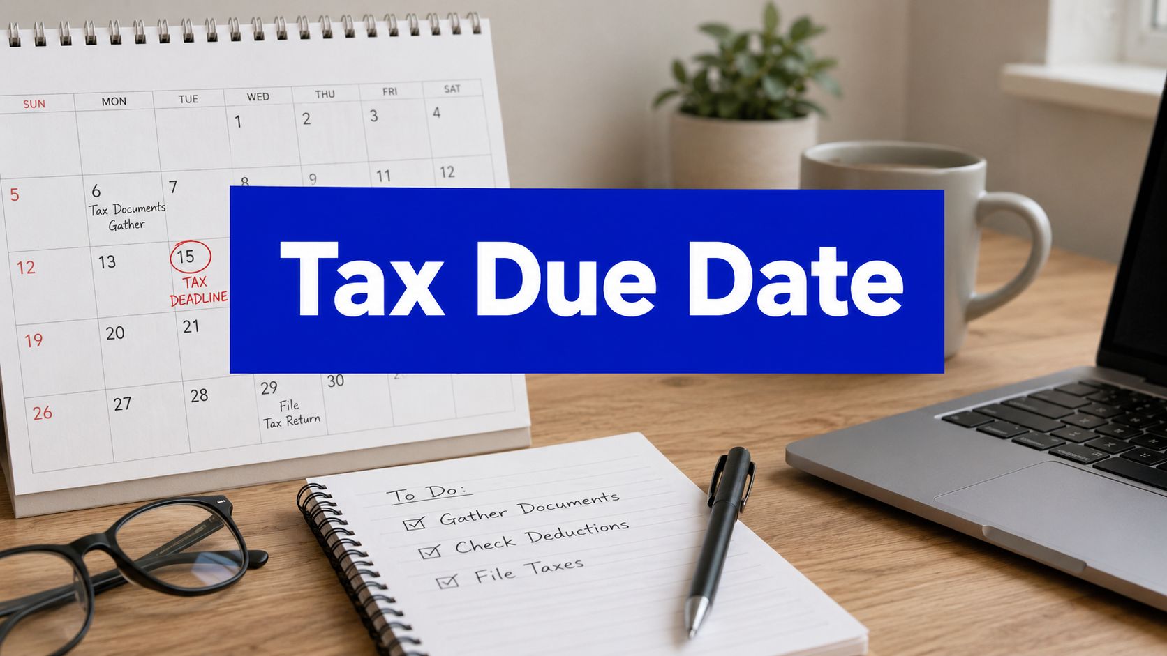 Calendar highlighting the Australian tax due date with tax return checklist, laptop and office desk for tax deadline planning.