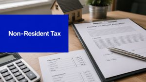 Non-resident tax property purchase agreement with calculator and settlement documents in Australia