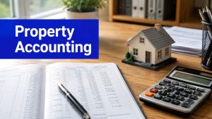 Calculator, financial records and model house representing investment property accounting for Australian landlords.
