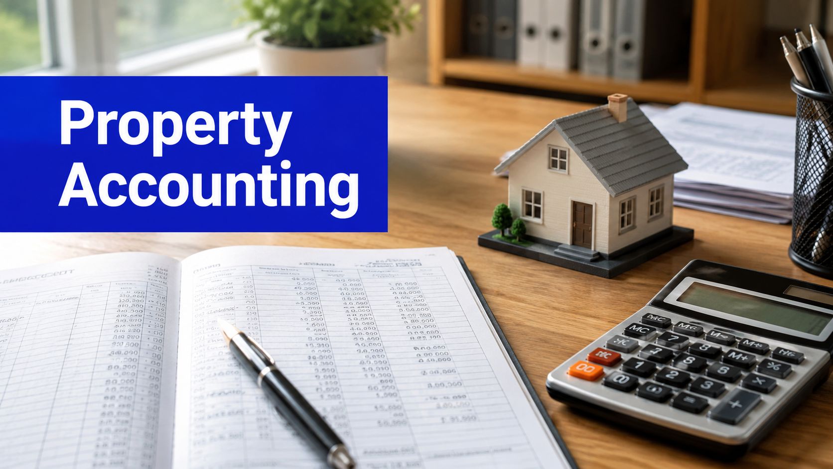 Calculator, financial records and model house representing investment property accounting for Australian landlords.