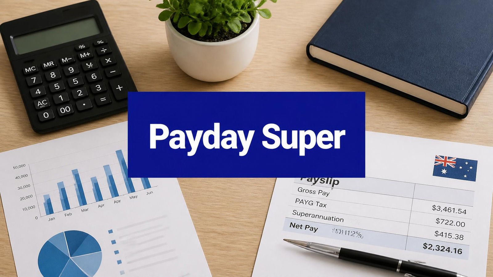 Payday Super - Australian payslip showing superannuation next to a calculator and blue label reading Payday Super