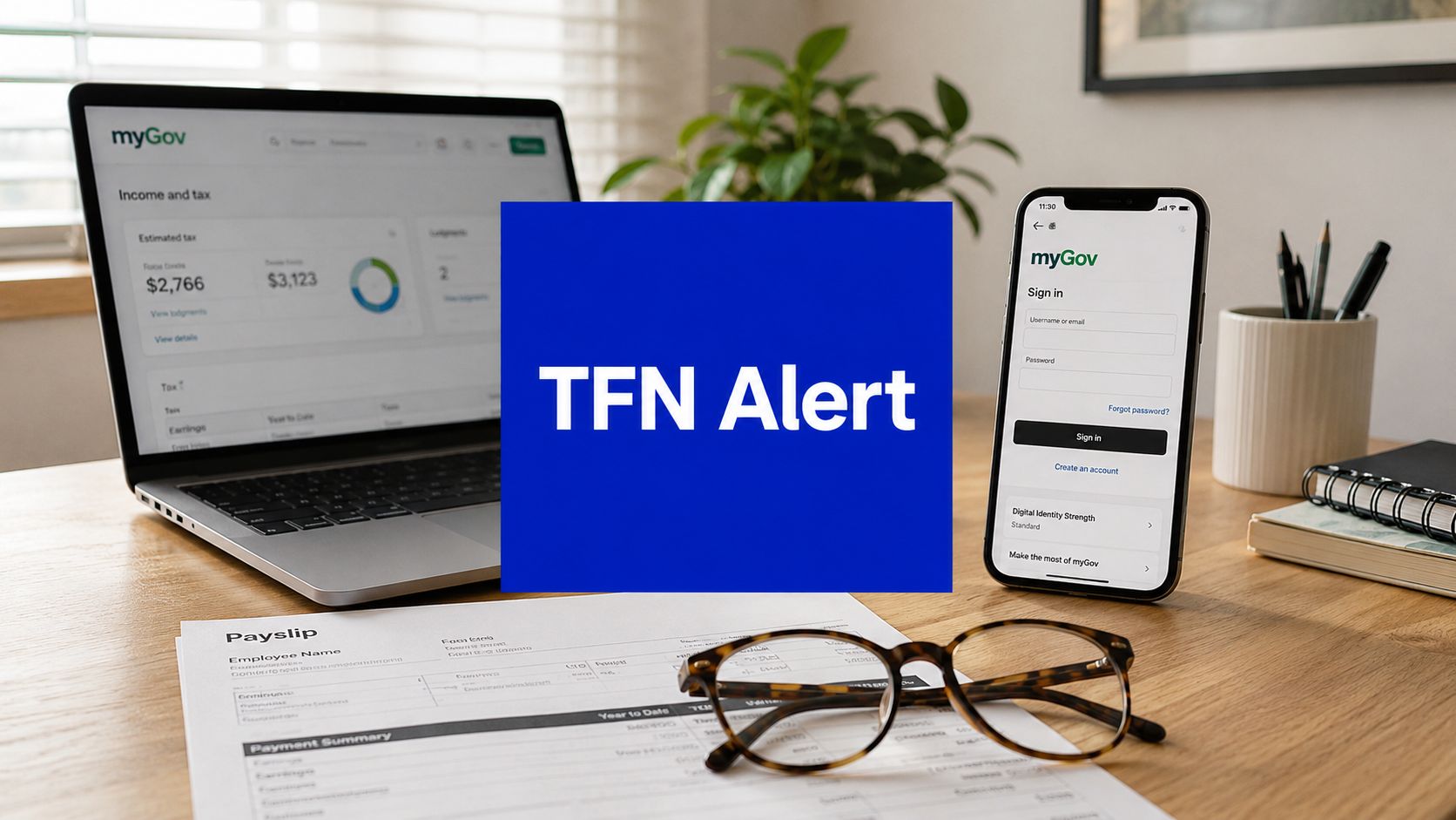 TFN Alert - myGov sign-in on laptop and phone next to a payslip, warning of a potentially compromised tax file number