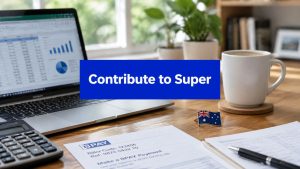 Person reviewing super contribution options and tax records on a laptop at a desk