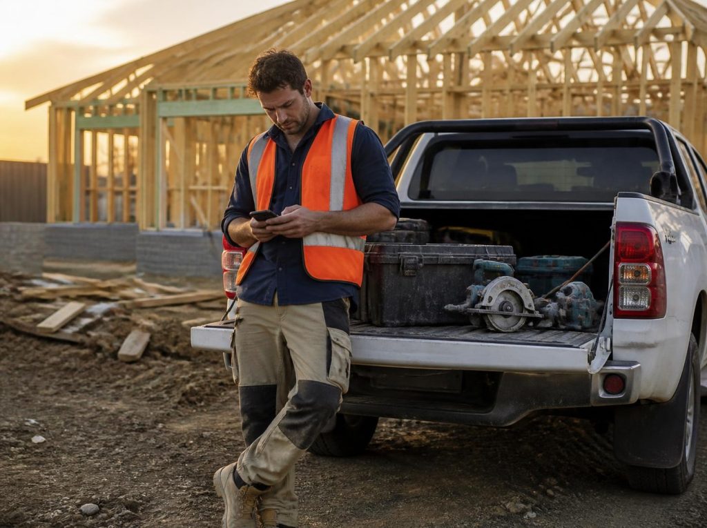 Tradie at a ute tailgate checking invoices on site, representing Nanak Accountants' tax and bookkeeping services for tradies