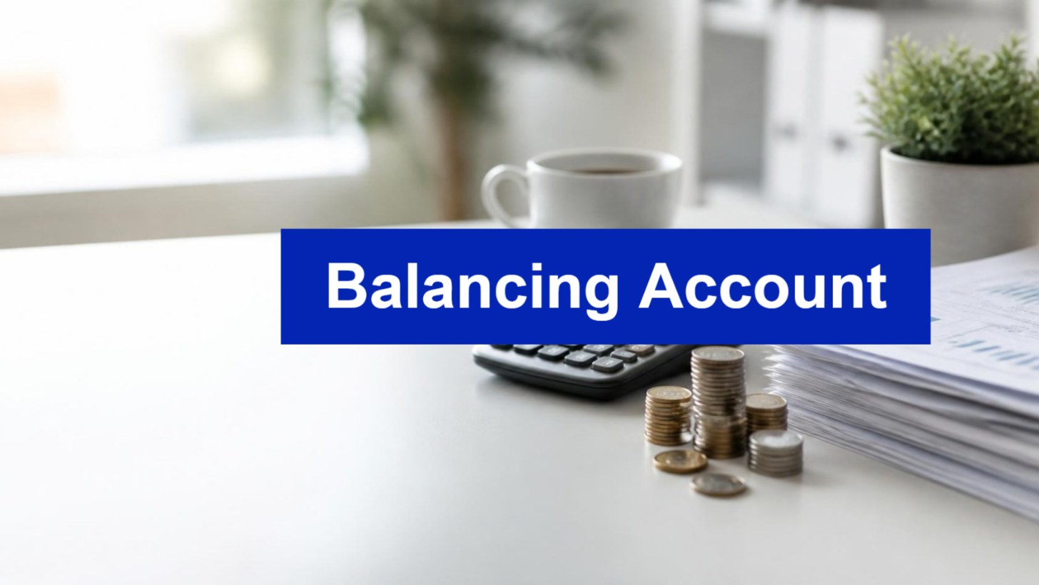 Calculator, coins and paperwork on a desk with a Balancing Account banner, illustrating the ATO balancing account status