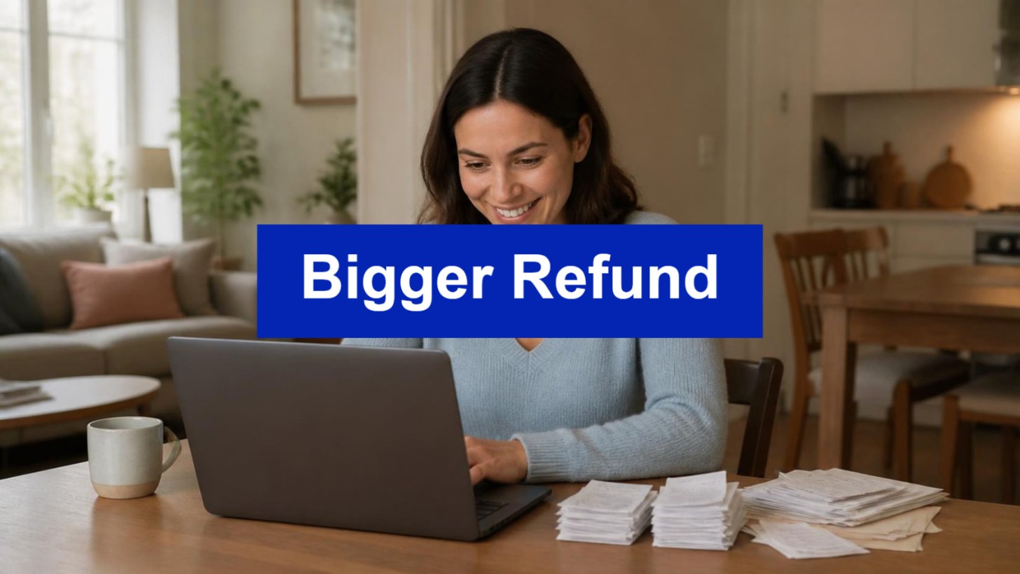 Bigger tax refund - woman checking her refund on a laptop with receipts
