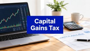Capital gains tax on shares shown on a laptop share chart beside a calculator