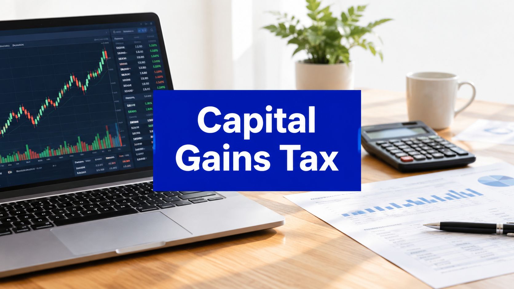 Capital gains tax on shares shown on a laptop share chart beside a calculator