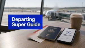 Departing Australia superannuation payment guide - passport, boarding pass and super statement at an airport