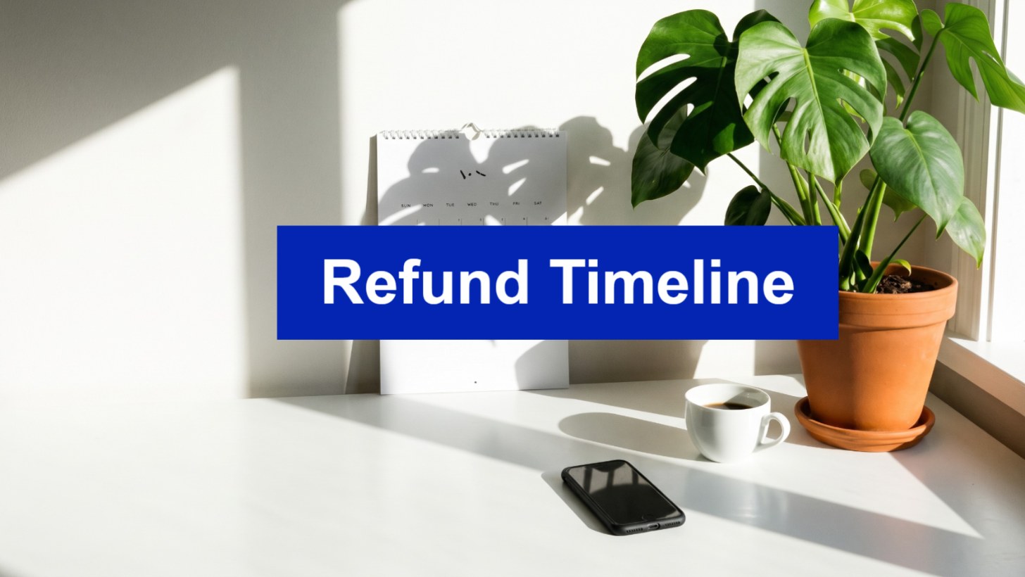 Wall calendar, phone and coffee on a desk with a Refund Timeline banner, illustrating how long a tax refund takes in Australia